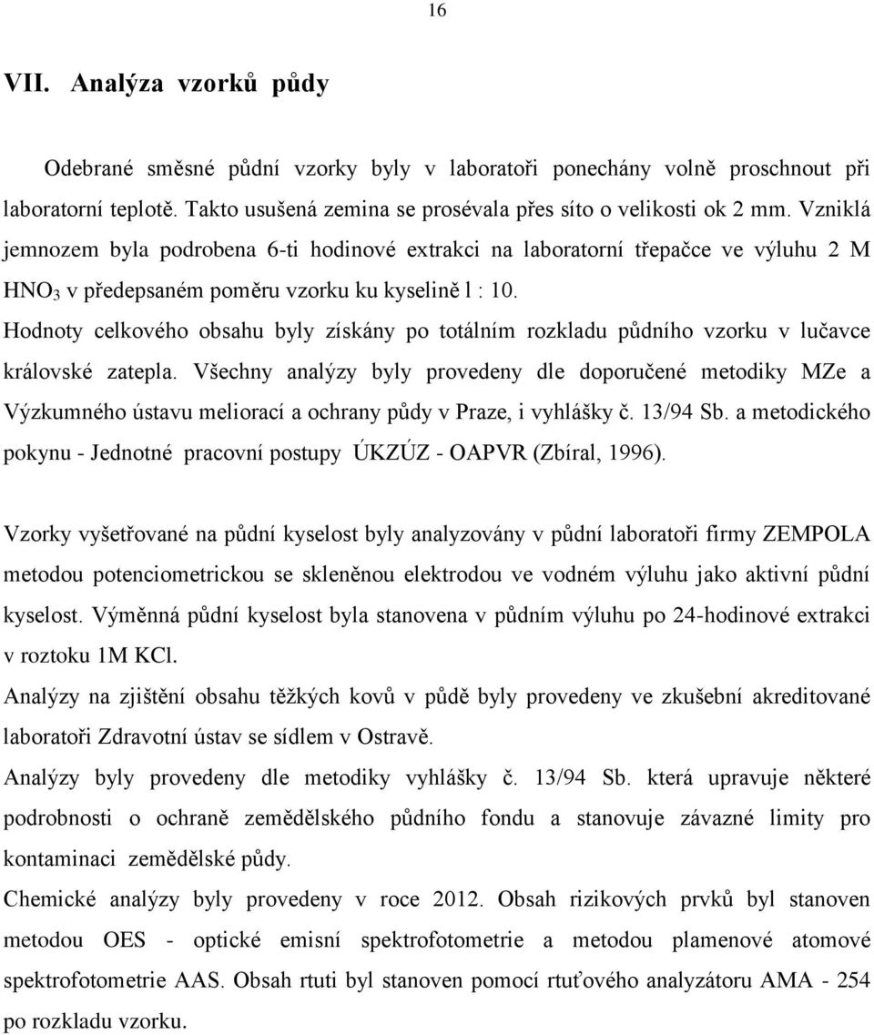 Hodnoty celkového obsahu byly získány po totálním rozkladu půdního vzorku v lučavce královské zatepla.