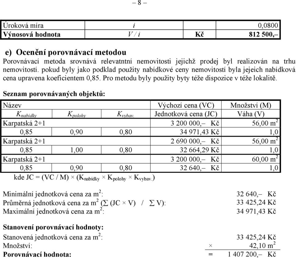 Seznam porovnávaných objektů: Název Výchozí cena (VC) Množství (M) K nabídky K polohy K vybav.