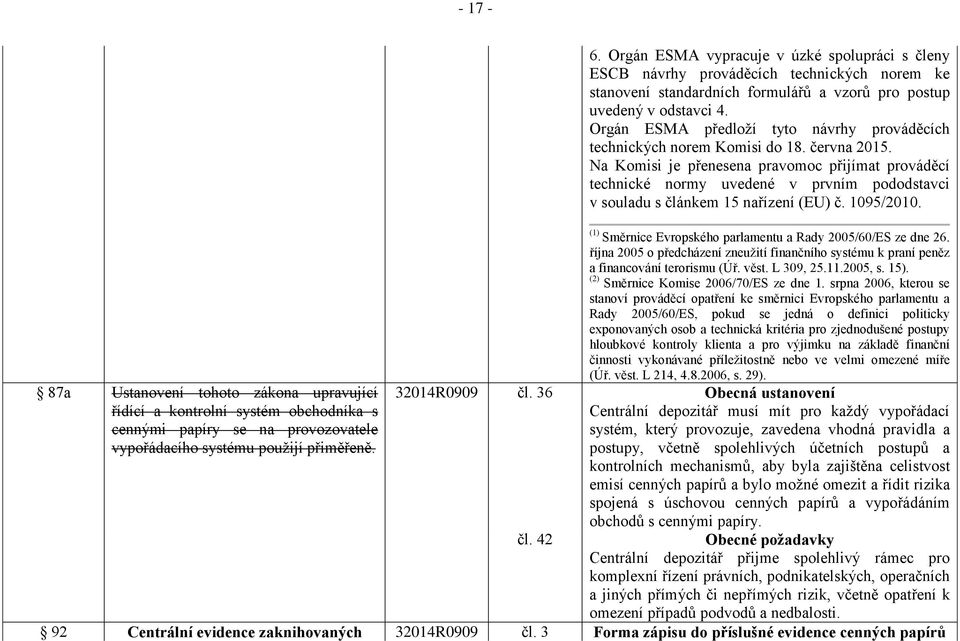 Orgán ESMA předloží tyto návrhy prováděcích technických norem Komisi do 18. června 2015.