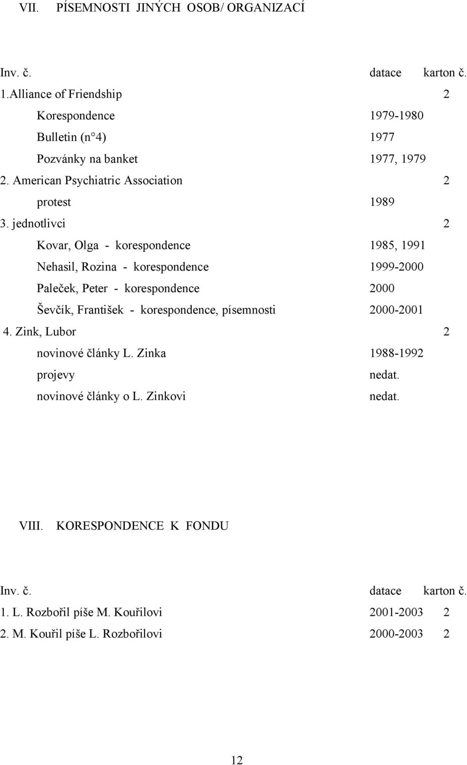 jednotlivci 2 Kovar, Olga - korespondence 1985, 1991 Nehasil, Rozina - korespondence 1999-2000 Paleček, Peter - korespondence 2000 Ševčík, František -