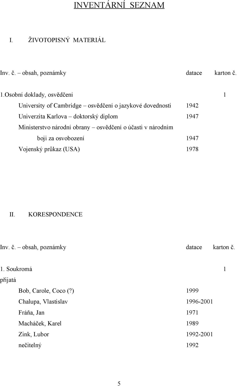 Ministerstvo národní obrany osvědčení o účasti v národním boji za osvobození 1947 Vojenský průkaz (USA) 1978 II. KORESPONDENCE Inv.