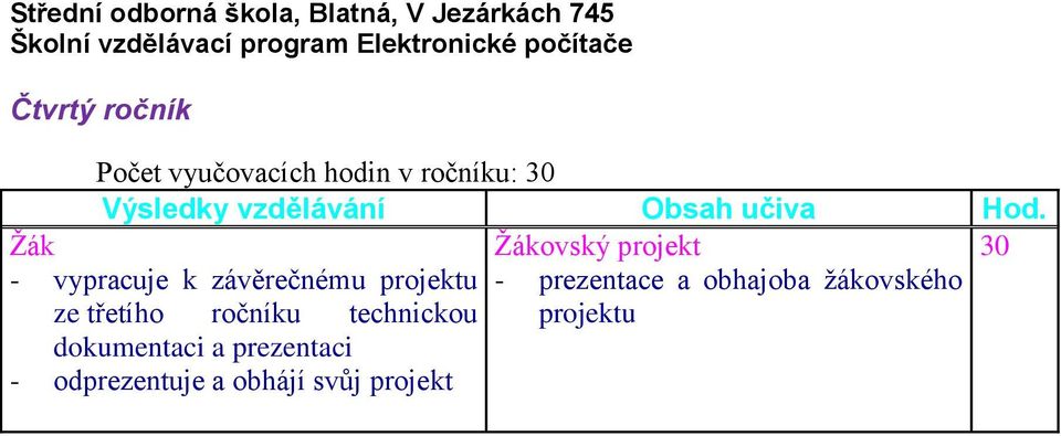 a obhajoba žákovského ze třetího ročníku technickou