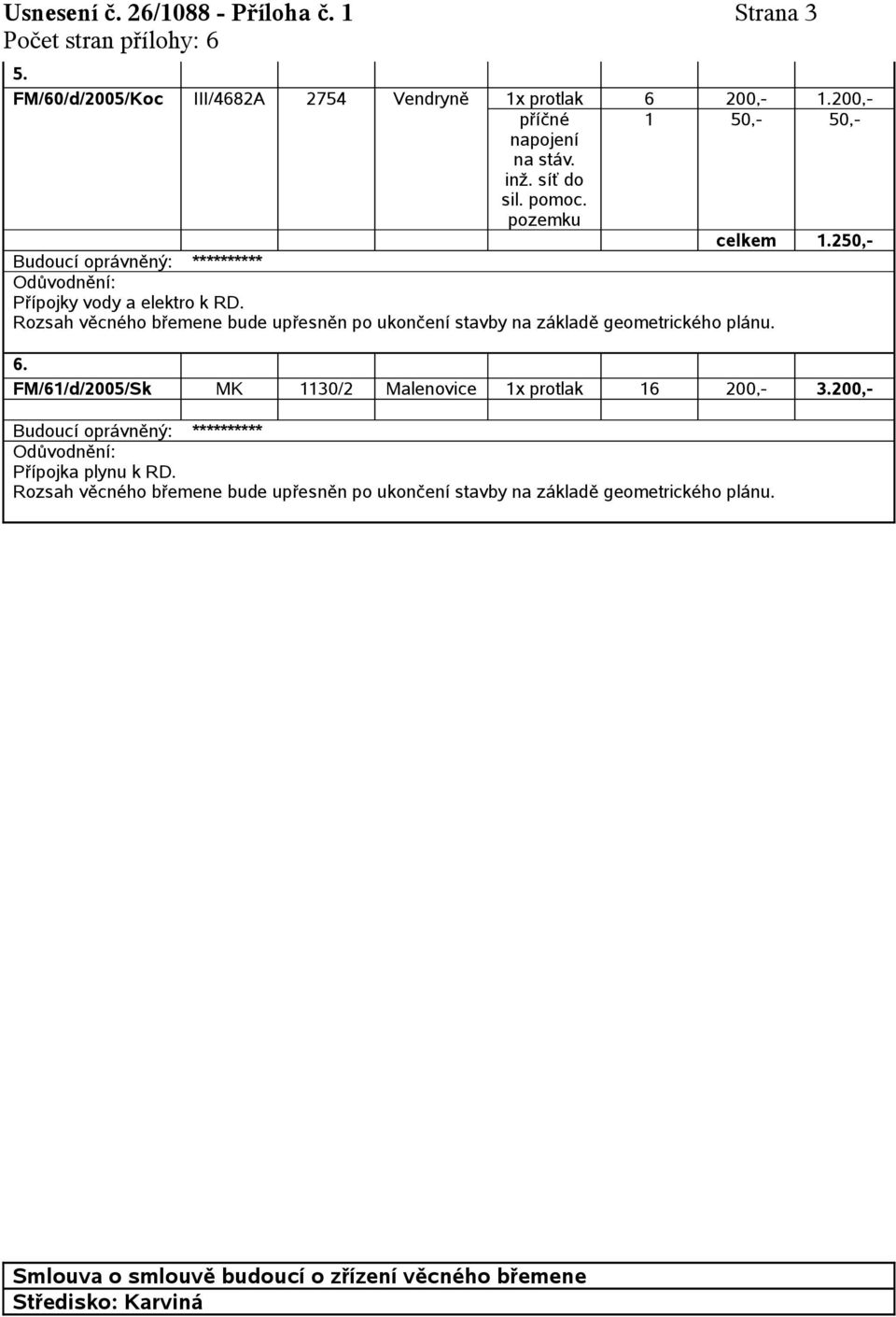 příčné 1 50,- 50,- celkem 250,- Přípojky vody a elektro k RD. 6.