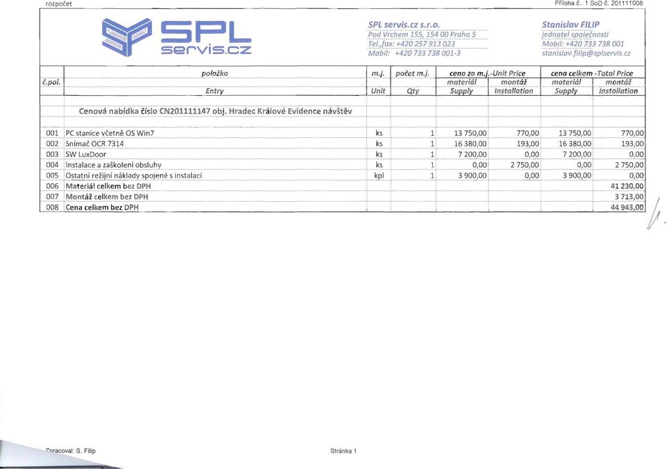 material mantal material mantai Entry Un it - Qty- Supply nstallation Supply nstallation, - t- - - Cenova nabidka Cislo CN201111147 obj.