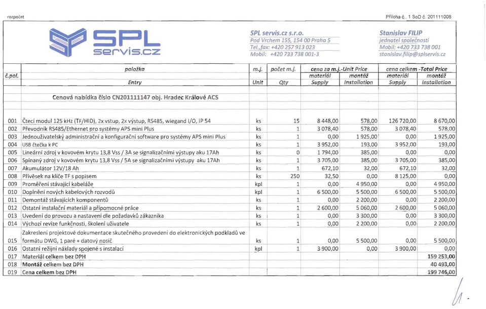 oika m.j. pocet m.j. cena za m. '.-Unit Price cena celkem -Total Price c. po..: - material montai material man tal Entry Unit Qty Supply nstallation Supply nstal/ation Cenova nabfdka cislo CN201111147 obj, Hradec Kralove ACS 8448.