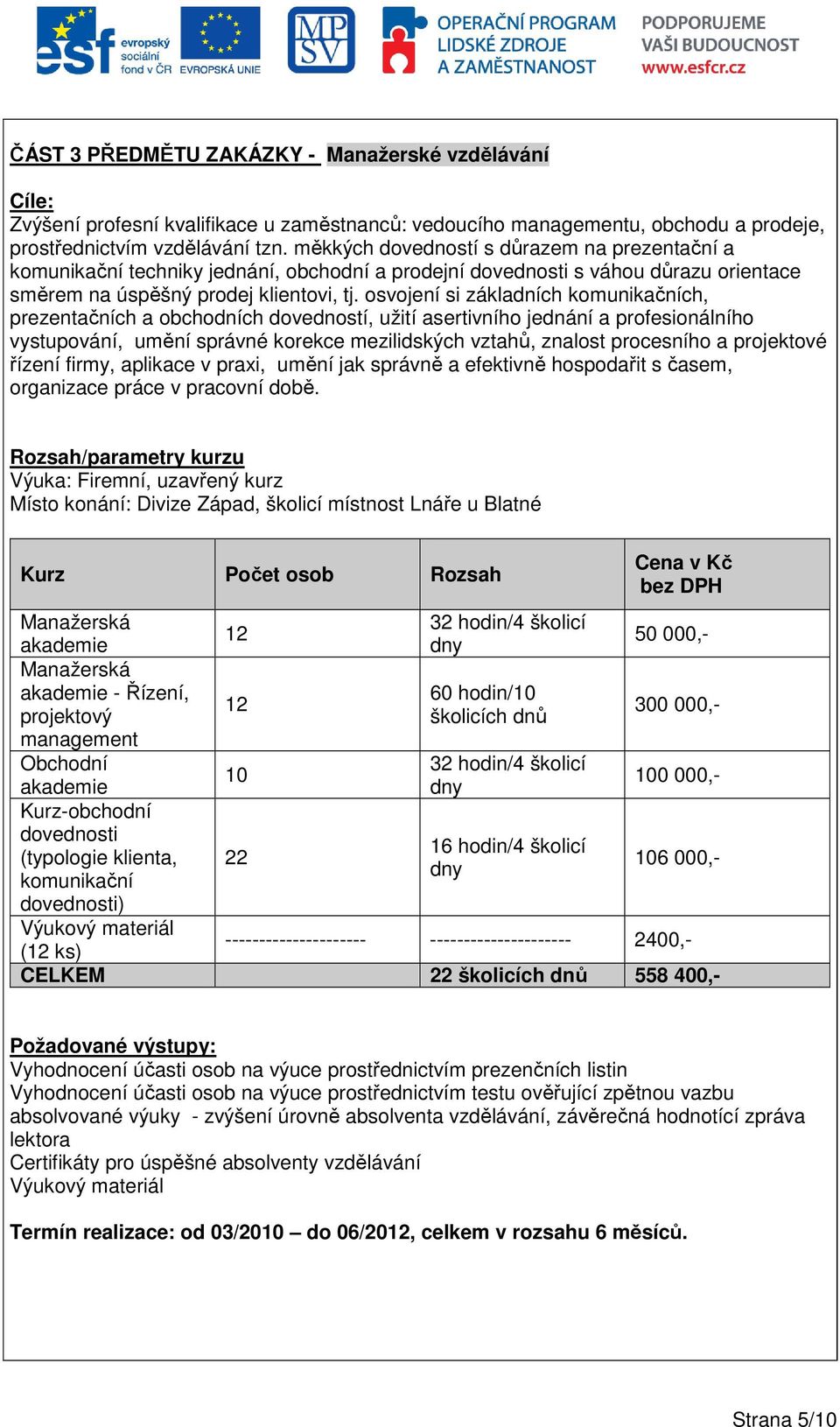 osvojení si základních komunikačních, prezentačních a obchodních dovedností, užití asertivního jednání a profesionálního vystupování, umění správné korekce mezilidských vztahů, znalost procesního a