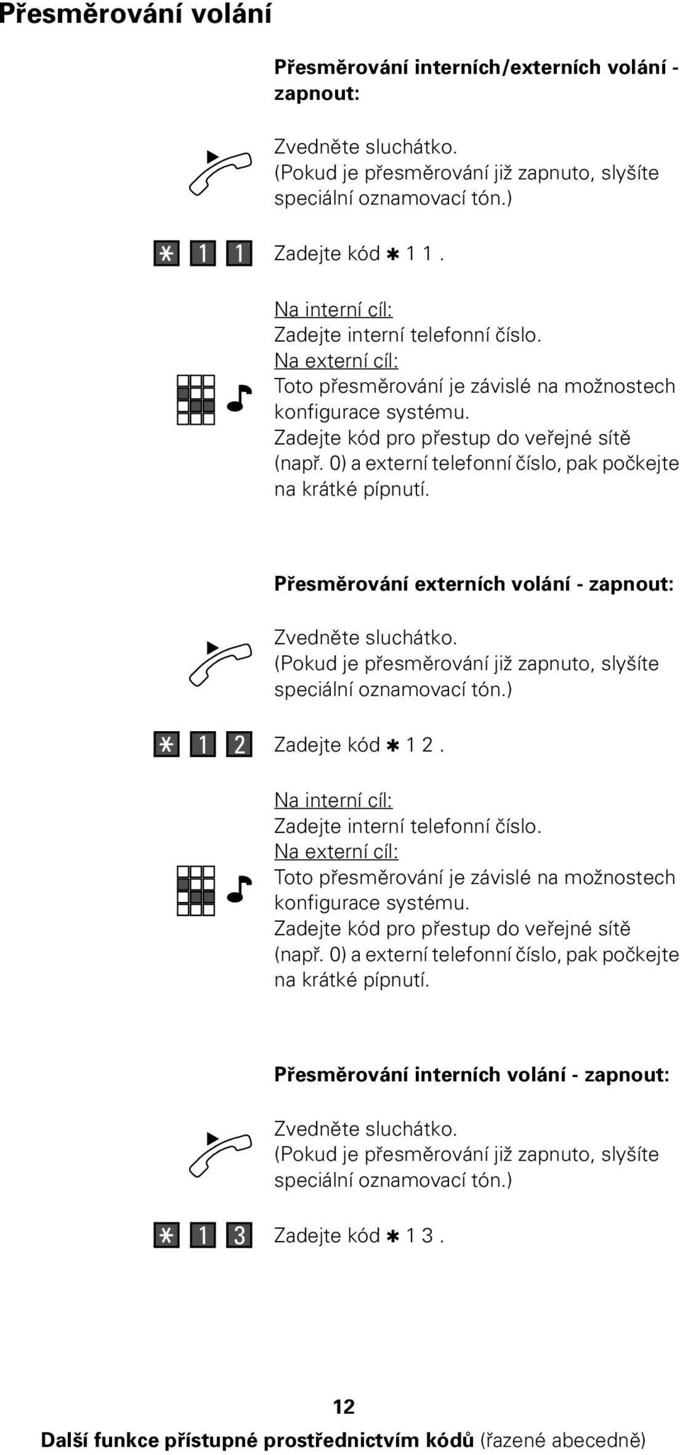 0) a externí telefonní číslo, pak počkejte na krátké pípnutí. Přesměrování externích volání - zapnout: (Pokud je přesměrování již zapnuto, slyšíte speciální oznamovací tón.) 1 2 Zadejte kód 1 2.