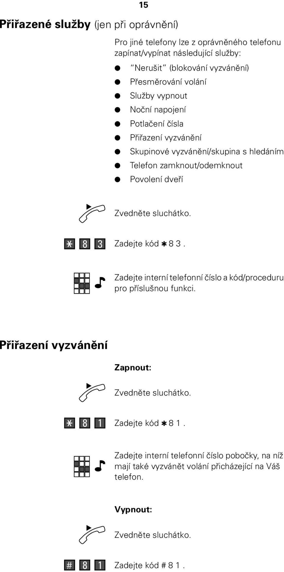 zamknout/odemknout Povolení dveří 8 3 Zadejte kód 8 3. Zadejte interní telefonní číslo a kód/proceduru pro příslušnou funkci.