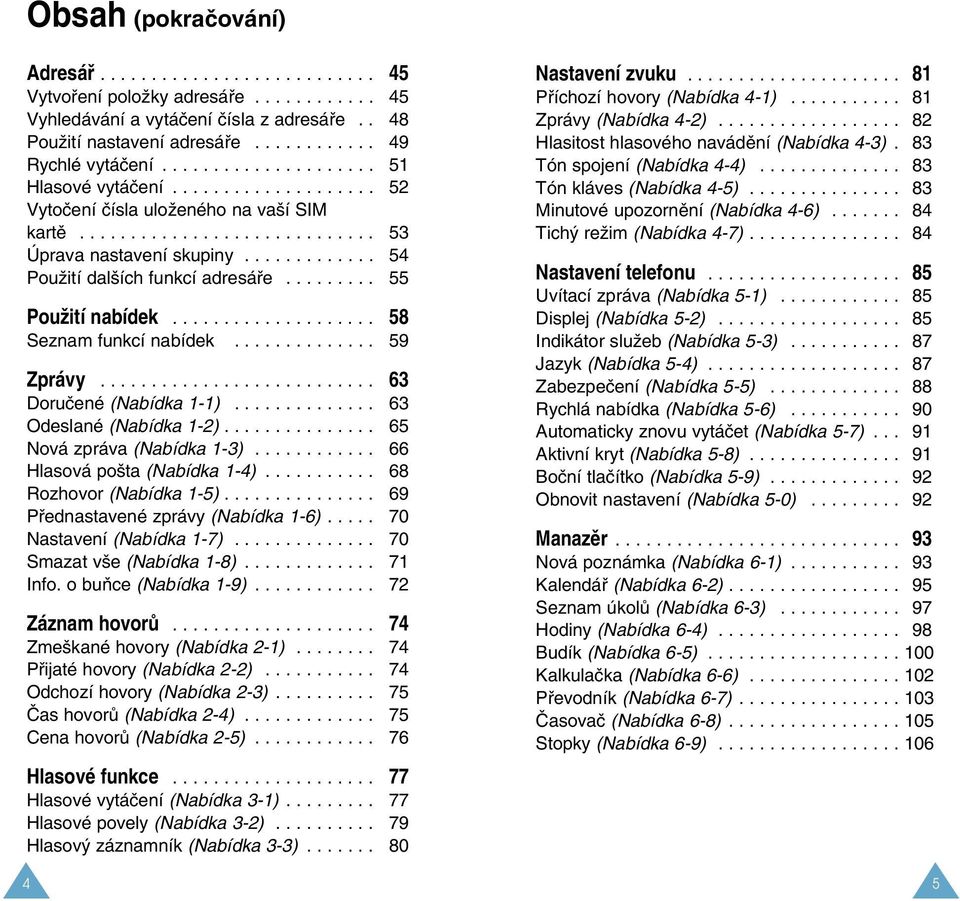 ............ 54 PouÏití dal ích funkcí adresáfie......... 55 PouÏití nabídek.................... 58 Seznam funkcí nabídek.............. 59 Zprávy........................... 63 Doruãené (Nabídka 1-1).