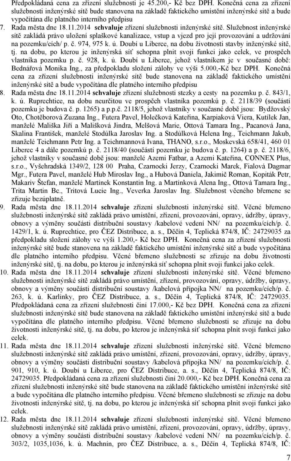 2014 zřízení služebnosti inženýrské sítě. Služebnost inženýrské sítě zakládá právo uložení splaškové kanalizace, vstup a vjezd pro její provozování a udržování na pozemku/cích/ p. č. 974, 975 k. ú.