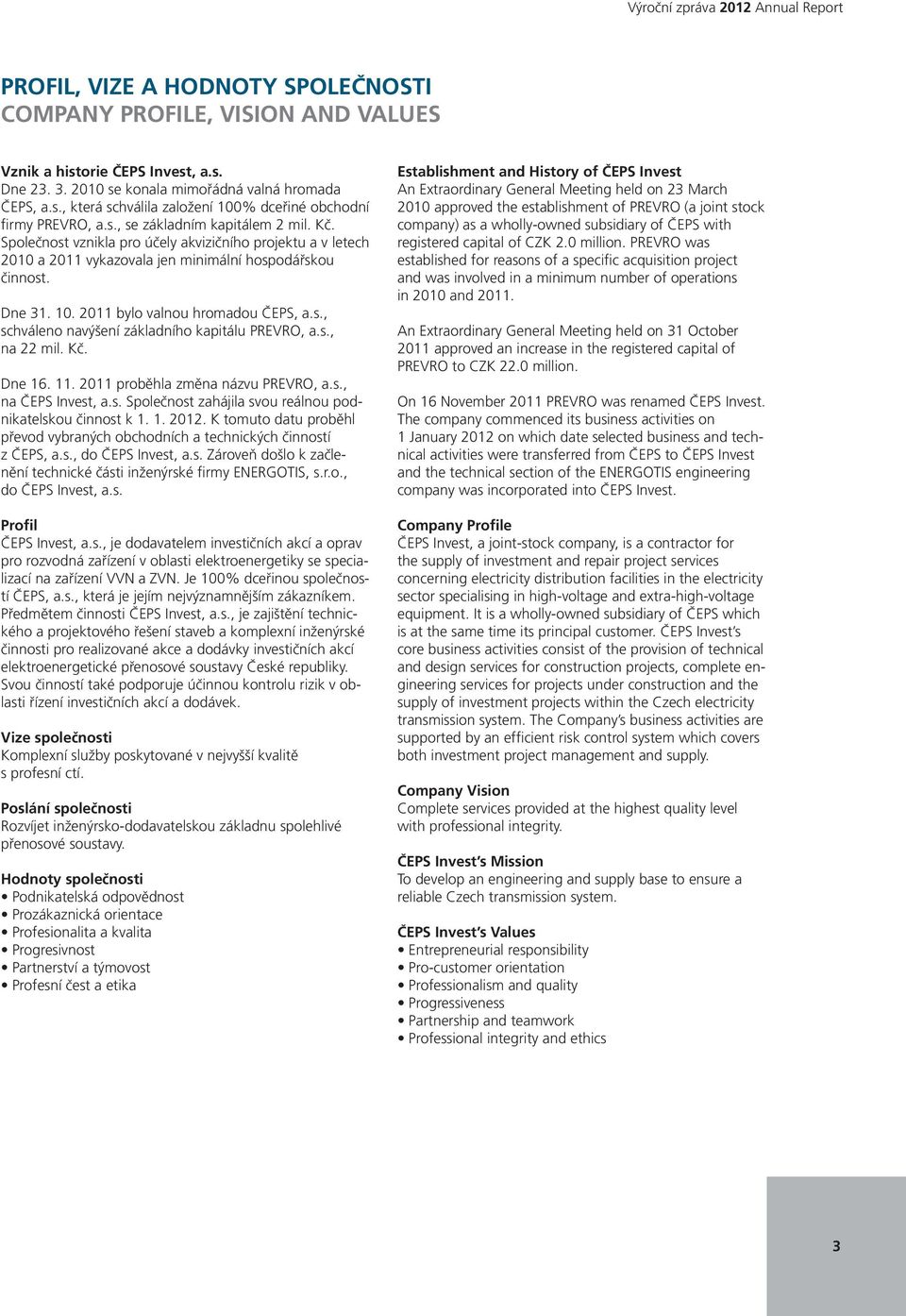 2011 bylo valnou hromadou ČEPS, a.s., schváleno navýšení základního kapitálu PREVRO, a.s., na 22 mil. Kč. Dne 16. 11. 2011 proběhla změna názvu PREVRO, a.s., na ČEPS Invest, a.s. Společnost zahájila svou reálnou podnikatelskou činnost k 1.