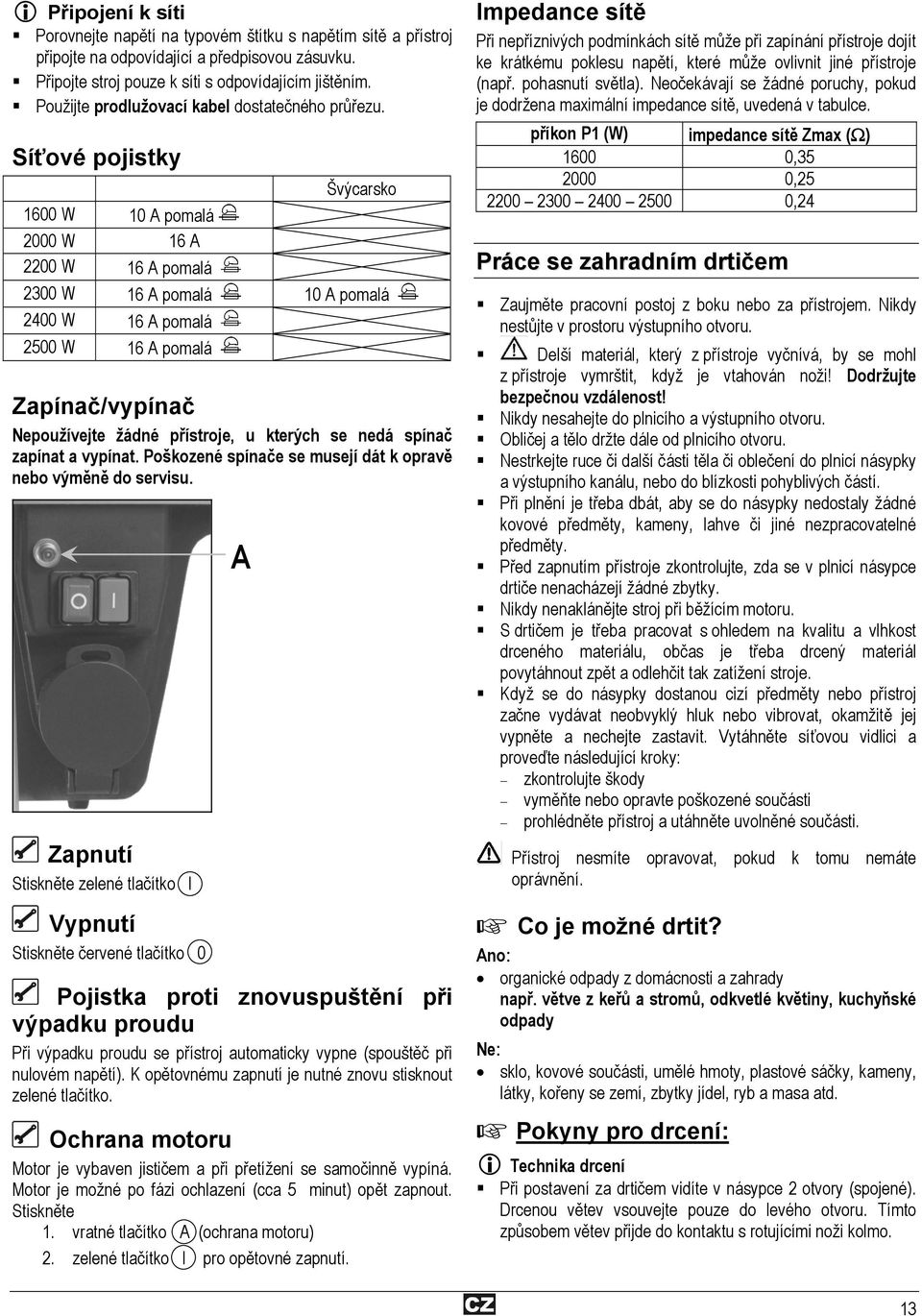 Síťové pojistky Švýcarsko 1600 W 10 A pomalá 2000 W 16 A 2200 W 16 A pomalá 2300 W 16 A pomalá 10 A pomalá 2400 W 16 A pomalá 2500 W 16 A pomalá Zapínač/vypínač Nepoužívejte žádné přístroje, u