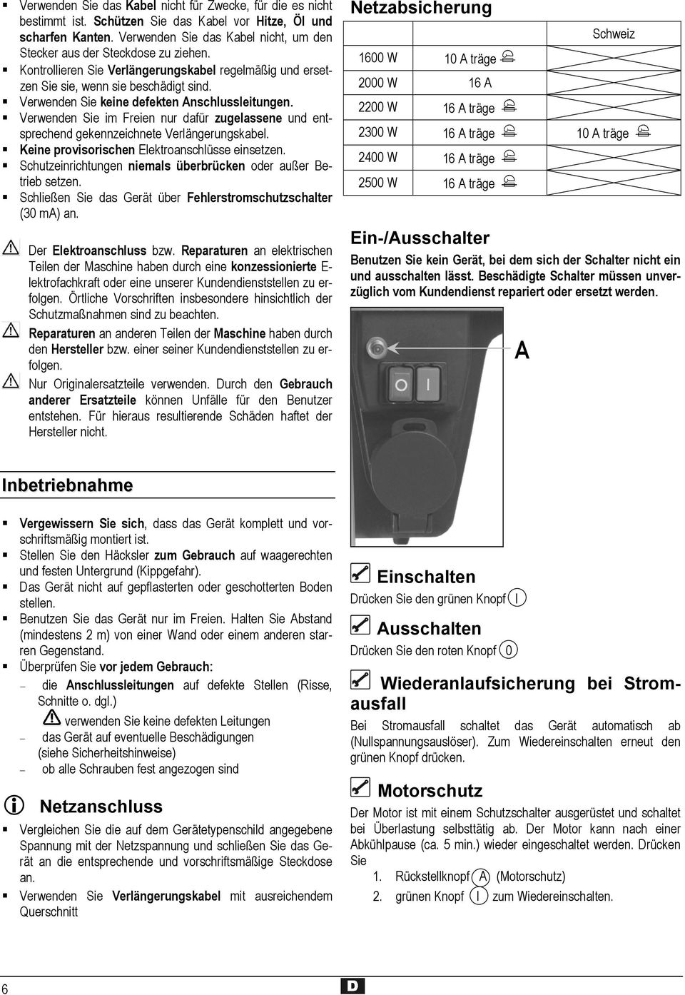 Verwenden Sie keine defekten Anschlussleitungen. Verwenden Sie im Freien nur dafür zugelassene und entsprechend gekennzeichnete Verlängerungskabel. Keine provisorischen Elektroanschlüsse einsetzen.