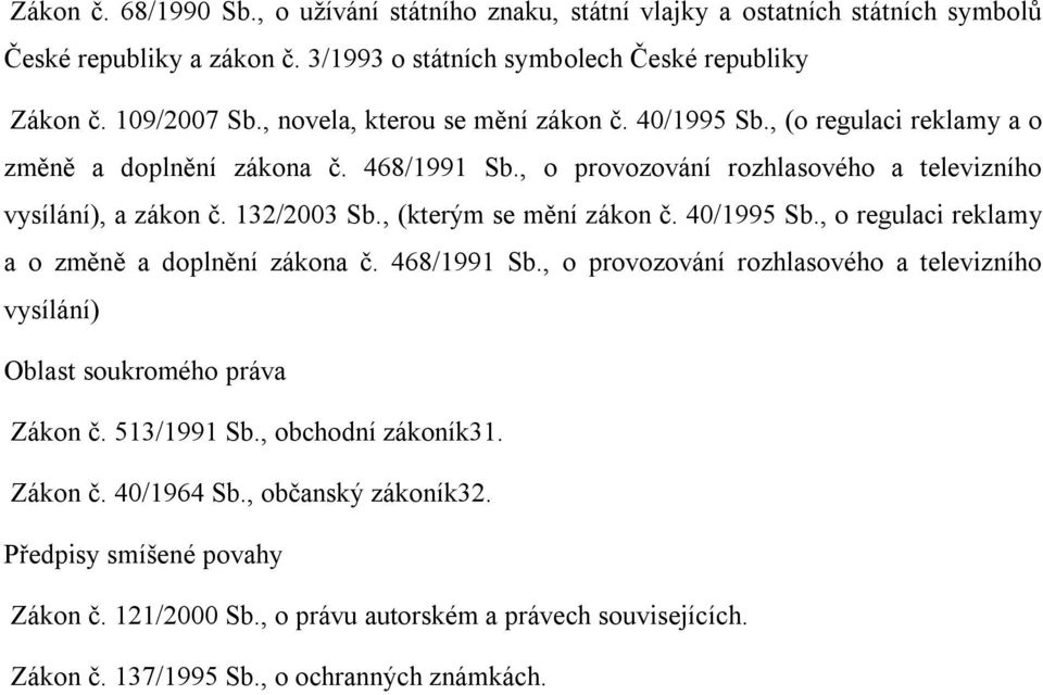 , (kterým se mění zákon č. 40/1995 Sb., o regulaci reklamy a o změně a doplnění zákona č. 468/1991 Sb., o provozování rozhlasového a televizního vysílání) Oblast soukromého práva Zákon č.