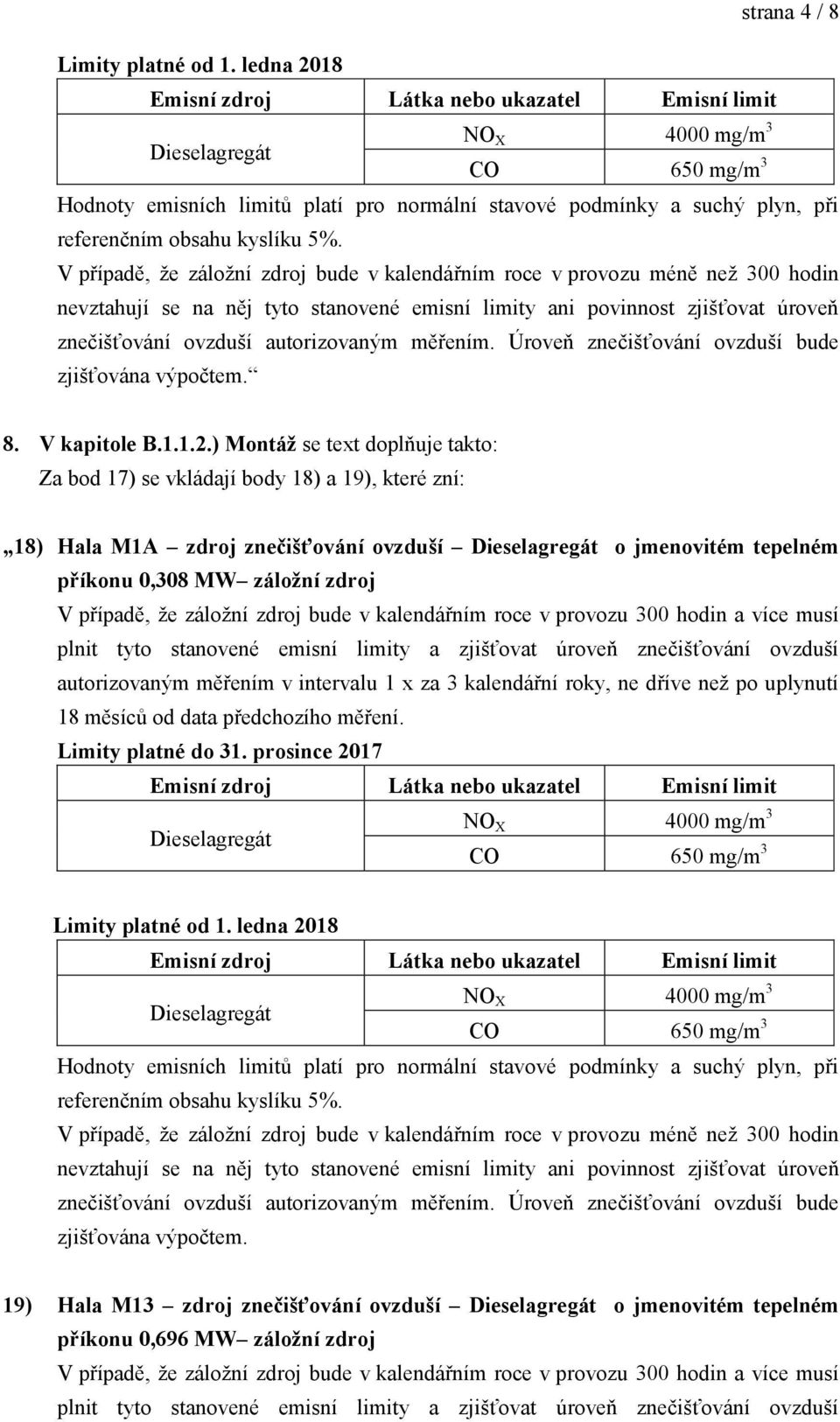 Hala M1A zdroj znečišťování ovzduší o jmenovitém tepelném příkonu 0,308 MW záloţní