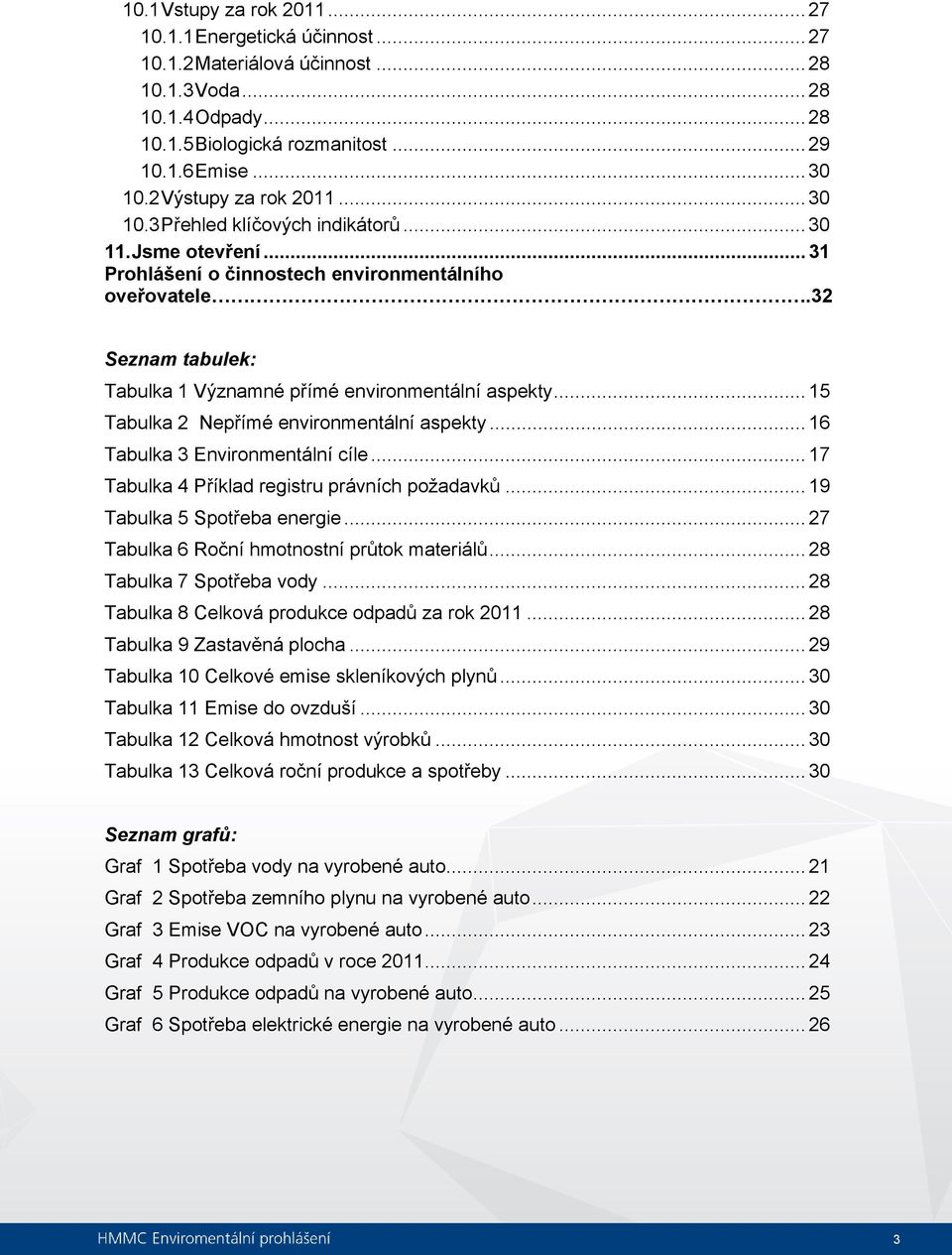 32 Seznam tabulek: Tabulka 1 Významné přímé environmentální aspekty... 15 Tabulka 2 Nepřímé environmentální aspekty... 16 Tabulka 3 Environmentální cíle.