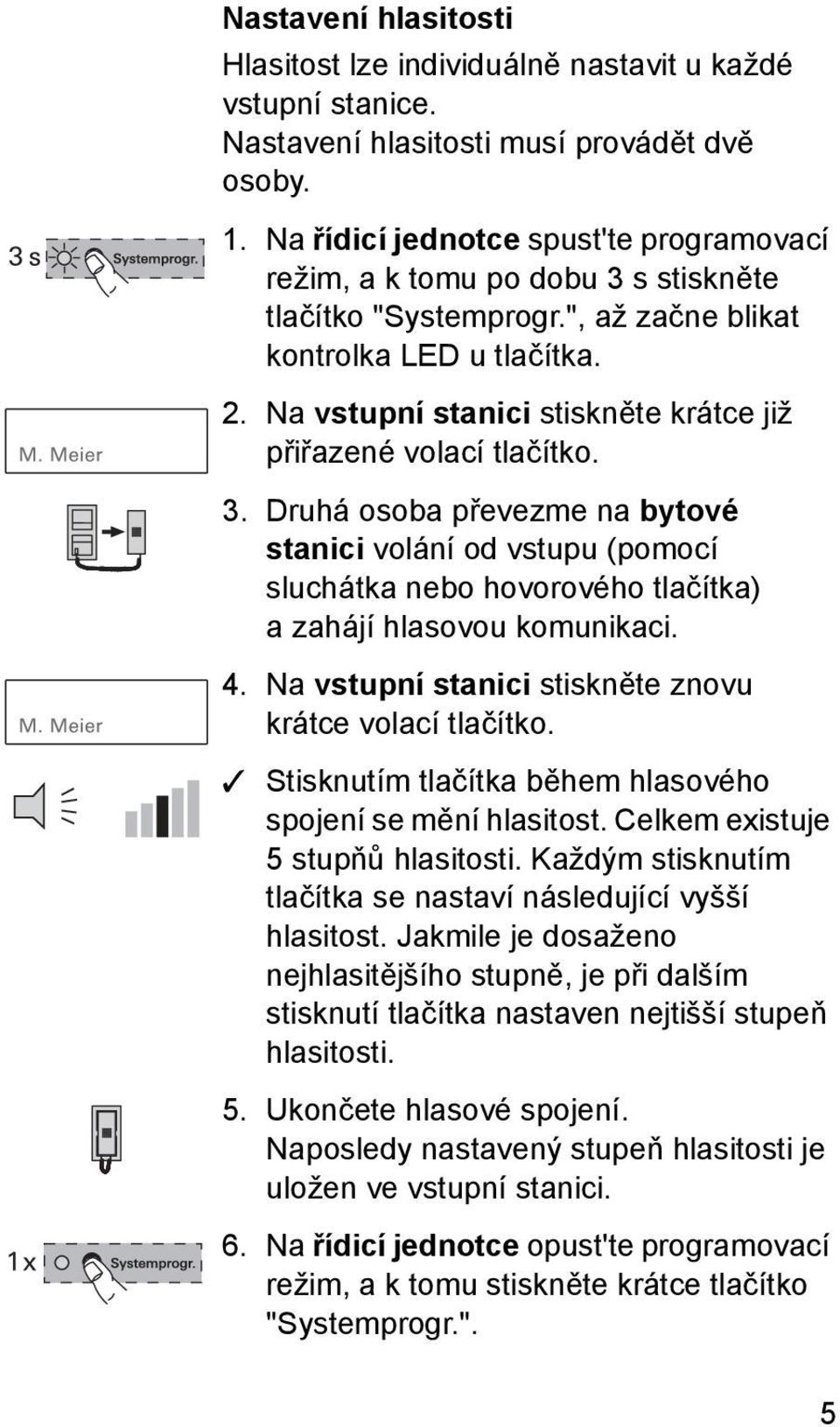 Na vstupní stanici stiskněte krátce již přiřazené volací tlačítko. 3. Druhá osoba převezme na bytové stanici volání od vstupu (pomocí sluchátka nebo hovorového tlačítka) a zahájí hlasovou komunikaci.