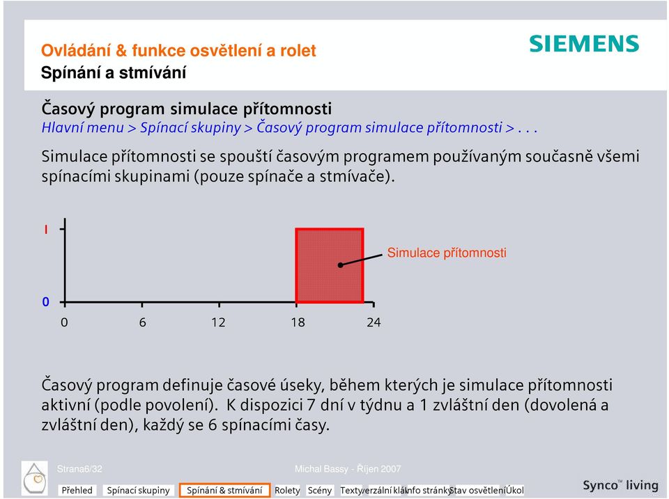 I Simulace přítomnosti 0 0 6 12 18 24 Časový program definuje časové úseky, během kterých je simulace přítomnosti aktivní (podle