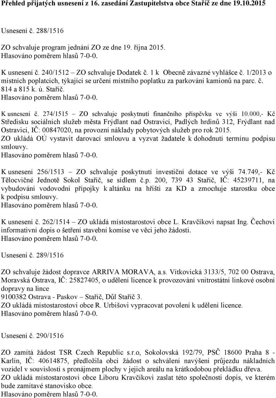 K usnesení č. 274/1515 ZO schvaluje poskytnutí finančního příspěvku ve výši 10.