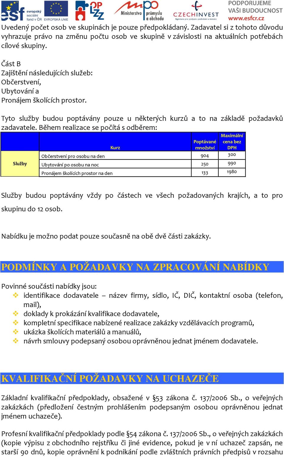 Během realizace se počítá s odběrem: Služby Maximální Kurz Poptávané množství cena bez DPH Občerstvení pro osobu na den 904 300 Ubytování po osobu na noc 250 990 Pronájem školících prostor na den 133