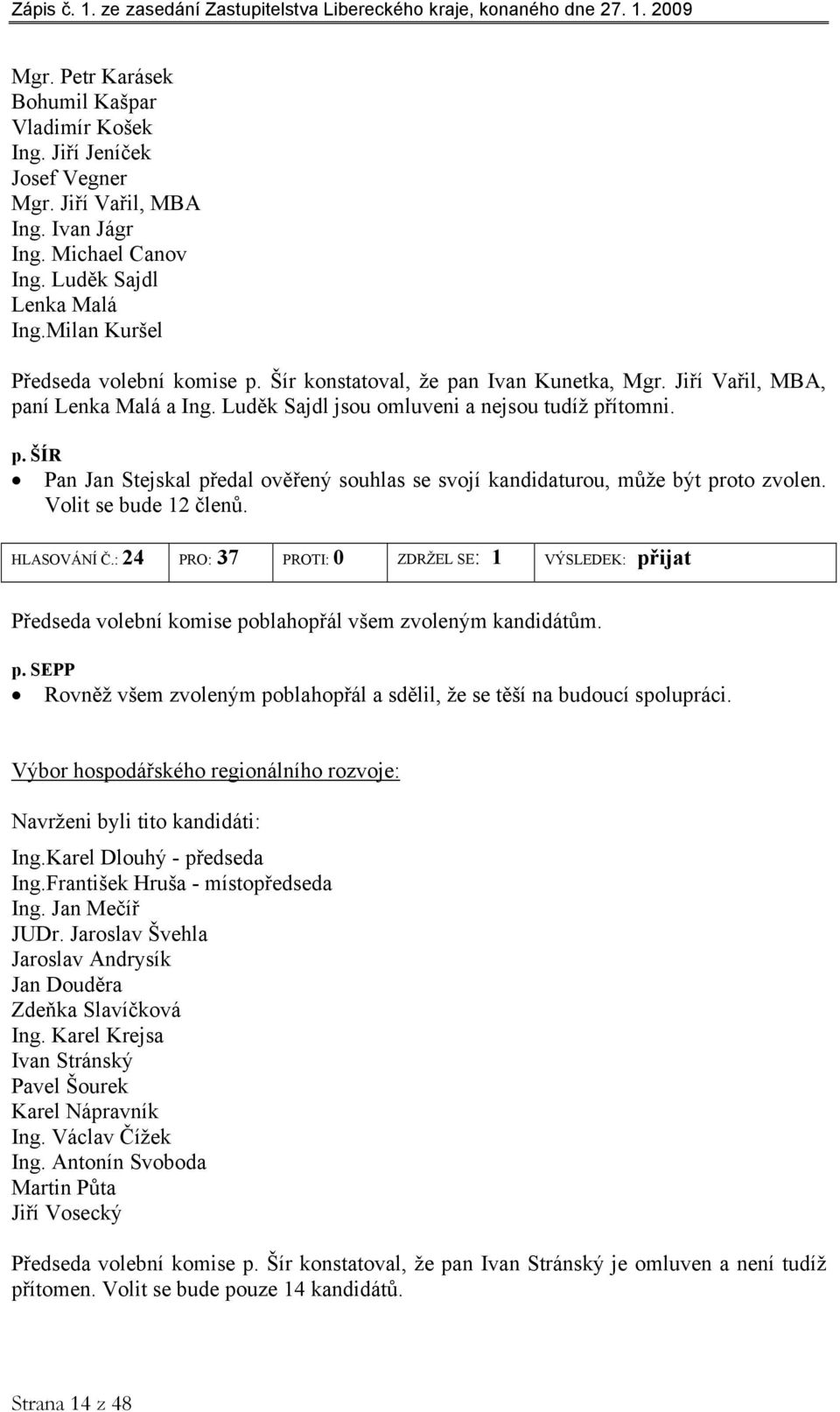 Volit se bude 12 členů. HLASOVÁNÍ Č.: 24 PRO: 37 PROTI: 0 ZDRŽEL SE: 1 VÝSLEDEK: přijat Předseda volební komise poblahopřál všem zvoleným kandidátům. p. SEPP Rovněž všem zvoleným poblahopřál a sdělil, že se těší na budoucí spolupráci.