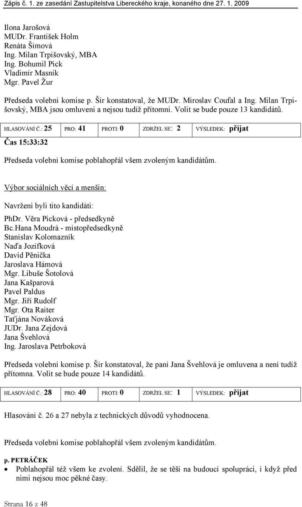 : 25 PRO: 41 PROTI: 0 ZDRŽEL SE: 2 VÝSLEDEK: přijat Čas 15:33:32 Předseda volební komise poblahopřál všem zvoleným kandidátům. Výbor sociálních věcí a menšin: Navrženi byli tito kandidáti: PhDr.