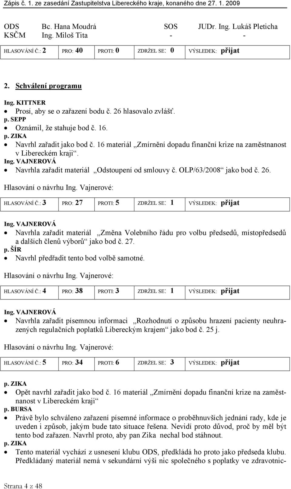 16 materiál Zmírnění dopadu finanční krize na zaměstnanost v Libereckém kraji. Ing. VAJNEROVÁ Navrhla zařadit materiál Odstoupení od smlouvy č. OLP/63/2008 jako bod č. 26. Hlasování o návrhu Ing.