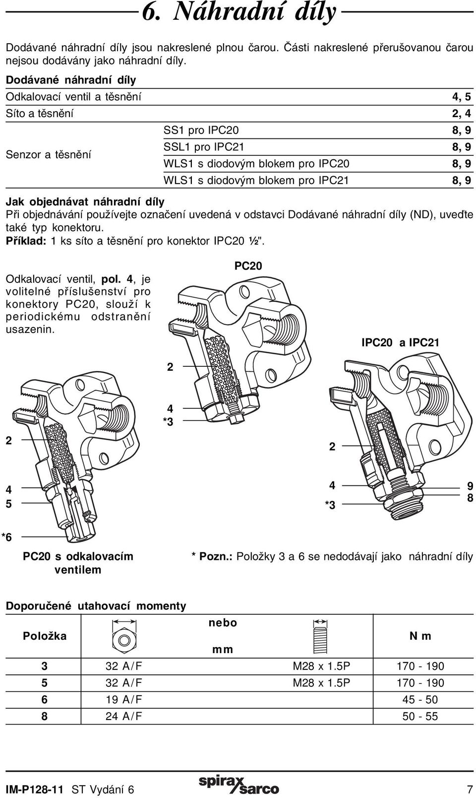 IPC21 8, 9 Jak objednávat náhradní díly Při objednávání používejte označení uvedená v odstavci Dodávané náhradní díly (ND), uveďte také typ konektoru.