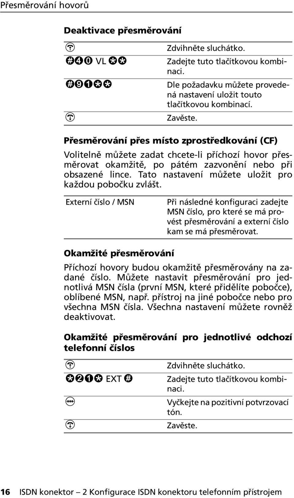 Tato nastavení můžete uložit pro každou pobočku zvlášt. Externí číslo / MS Při následné konfiguraci zadejte MS číslo, pro které se má provést přesměrování a externí číslo kam se má přesměrovat.