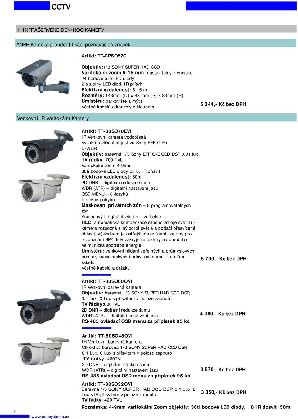Varifokální Kamery Artikl: TT-80SO70EVI IR Venkovní kamera vodotěsná Vysoké rozlišení objektivu Sony EFFIO-E s D-WDR Objektiv: barevná 1/3 Sony EFFIO-E CCD DSP 0.