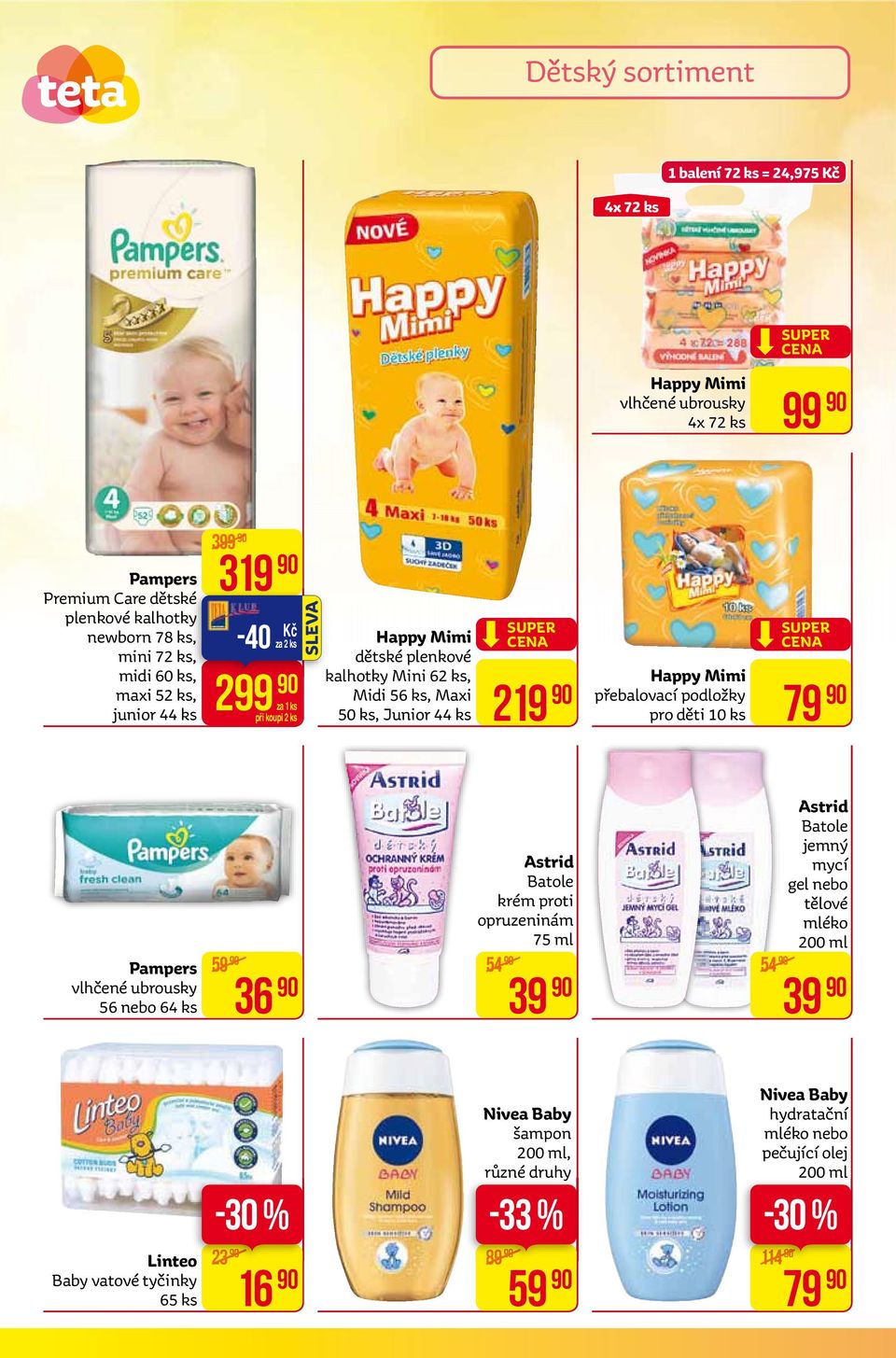 Mimi přebalovací podložky pro děti 10 ks SUPER cena 79 Pampers vlhčené ubrousky 56 nebo 64 ks 59 36 astrid Batole krém proti opruzeninám 75 ml 54 39 54 astrid Batole jemný