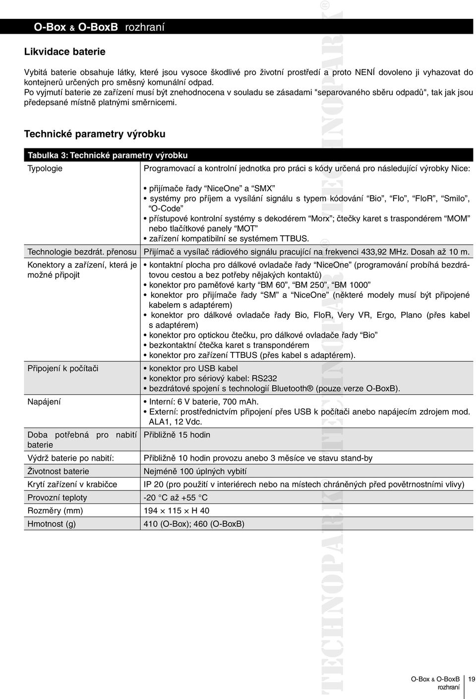 Technické parametry výrobku Tabulka 3: Technické parametry výrobku Typologie Programovací a kontrolní jednotka pro práci s kódy určená pro následující výrobky Nice: přijímače řady NiceOne a SMX