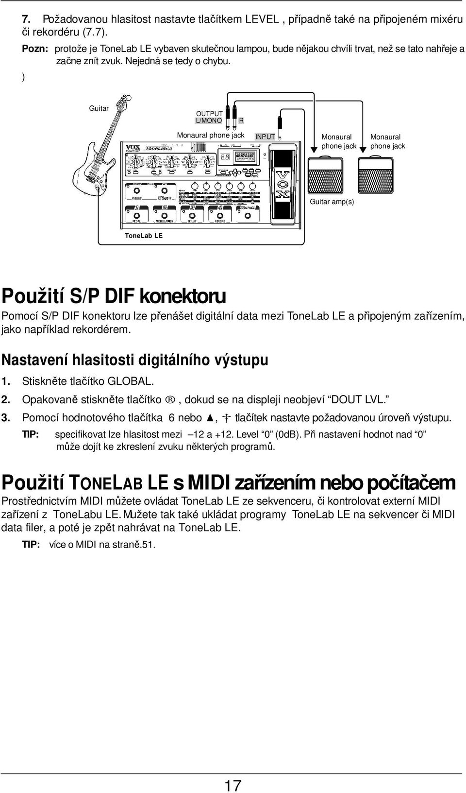 ) Guitar OUTPUT L/MONO R Monaural phone jack INPUT Monaural phone jack Monaural phone jack Guitar amp(s) ToneLab LE Použití S/P DIF konektoru Pomocí S/P DIF konektoru lze přenášet digitální data mezi