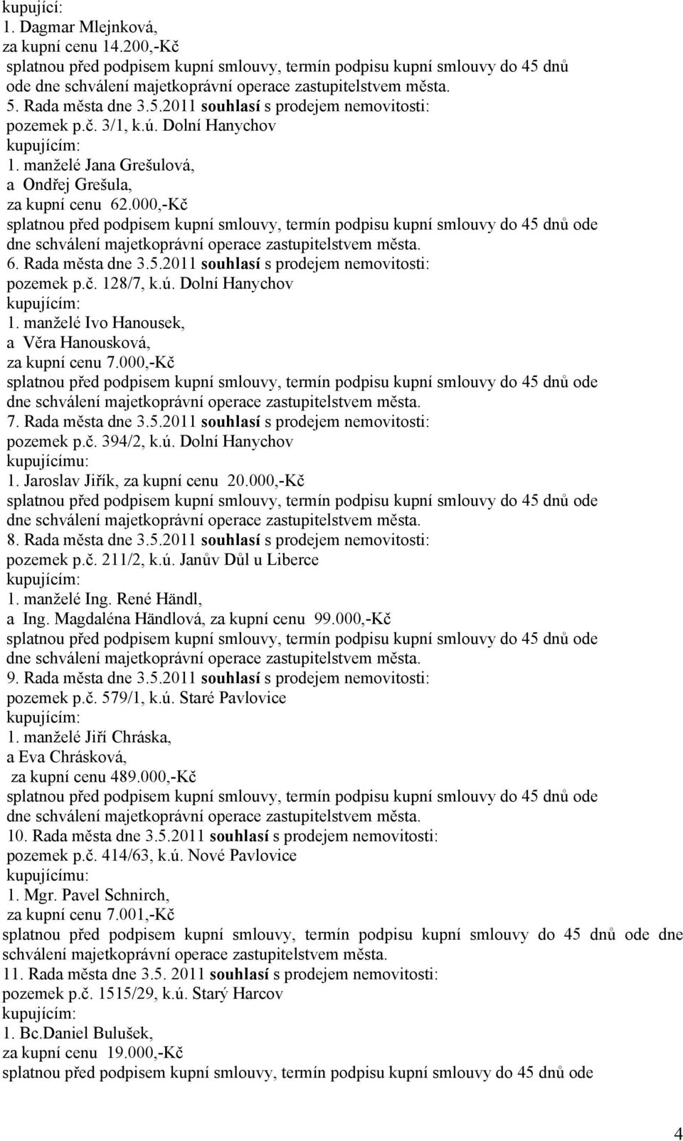 000,-Kč splatnou před podpisem kupní smlouvy, termín podpisu kupní smlouvy do 45 dnů ode dne schválení majetkoprávní operace zastupitelstvem města. 6. Rada města dne 3.5.2011 souhlasí s prodejem nemovitosti: pozemek p.