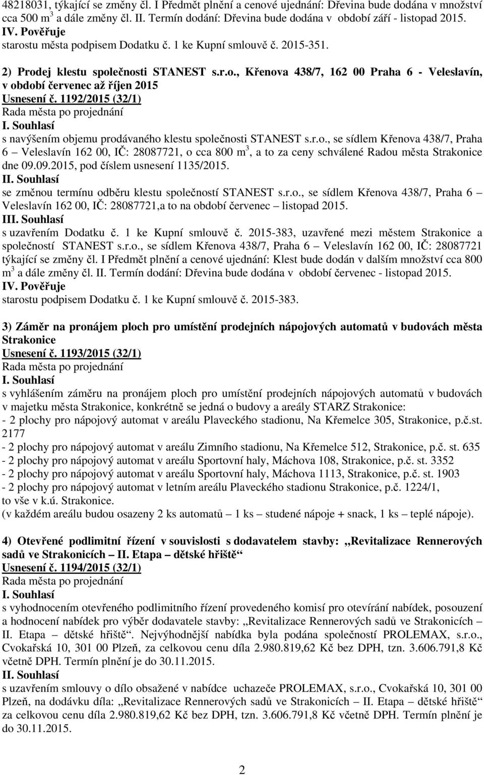 1192/2015 (32/1) s navýšením objemu prodávaného klestu společnosti STANEST s.r.o., se sídlem Křenova 438/7, Praha 6 Veleslavín 162 00, IČ: 28087721, o cca 800 m 3, a to za ceny schválené Radou města Strakonice dne 09.