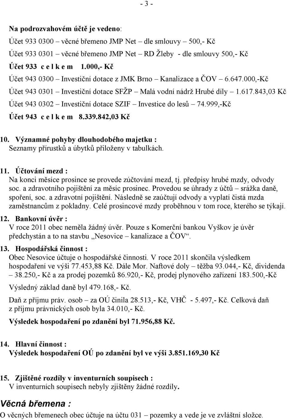 843,03 Kč Účet 943 0302 Investiční dotace SZIF Investice do lesů 74.999,-Kč Účet 943 c e l k e m 8.339.842,03 Kč 10.