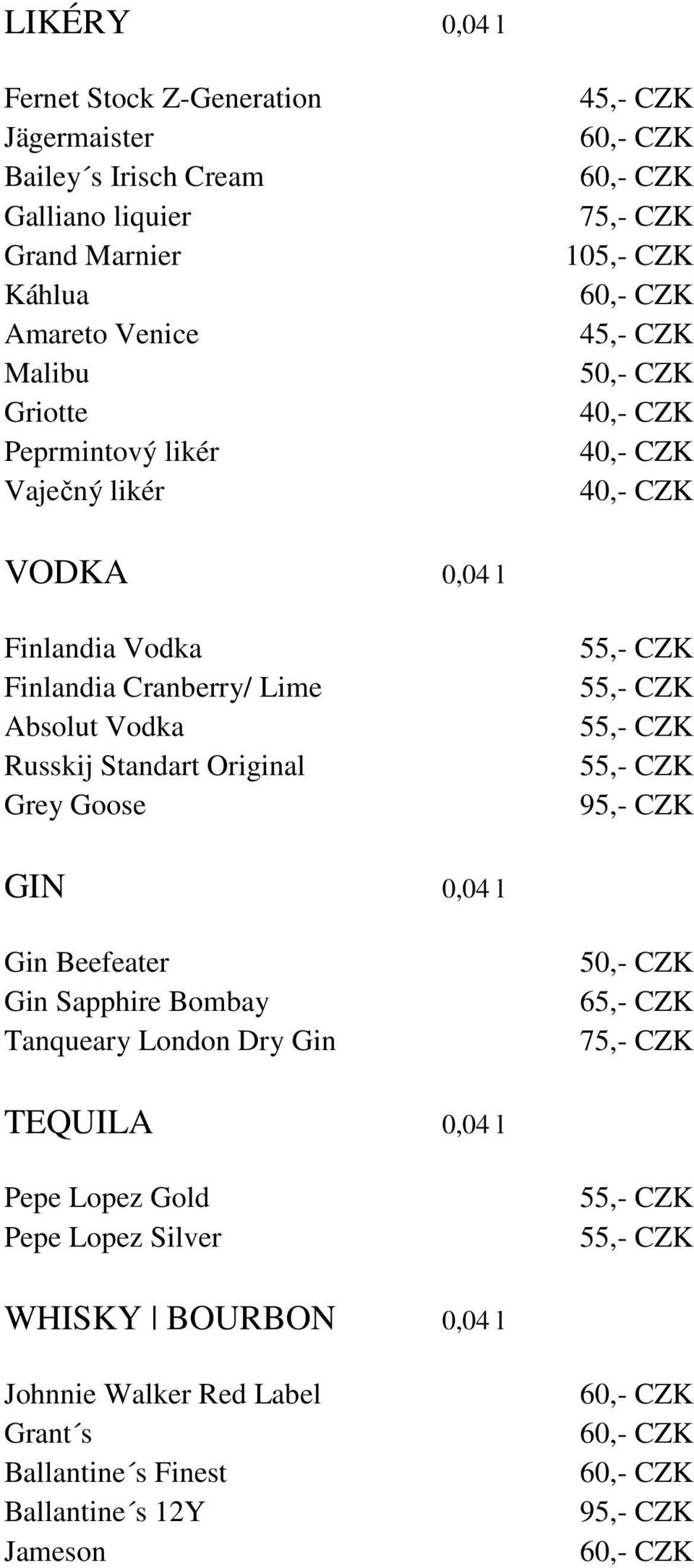Lime Absolut Vodka Russkij Standart Original Grey Goose GIN Gin Beefeater Gin Sapphire Bombay Tanqueary London Dry Gin 75,- CZK
