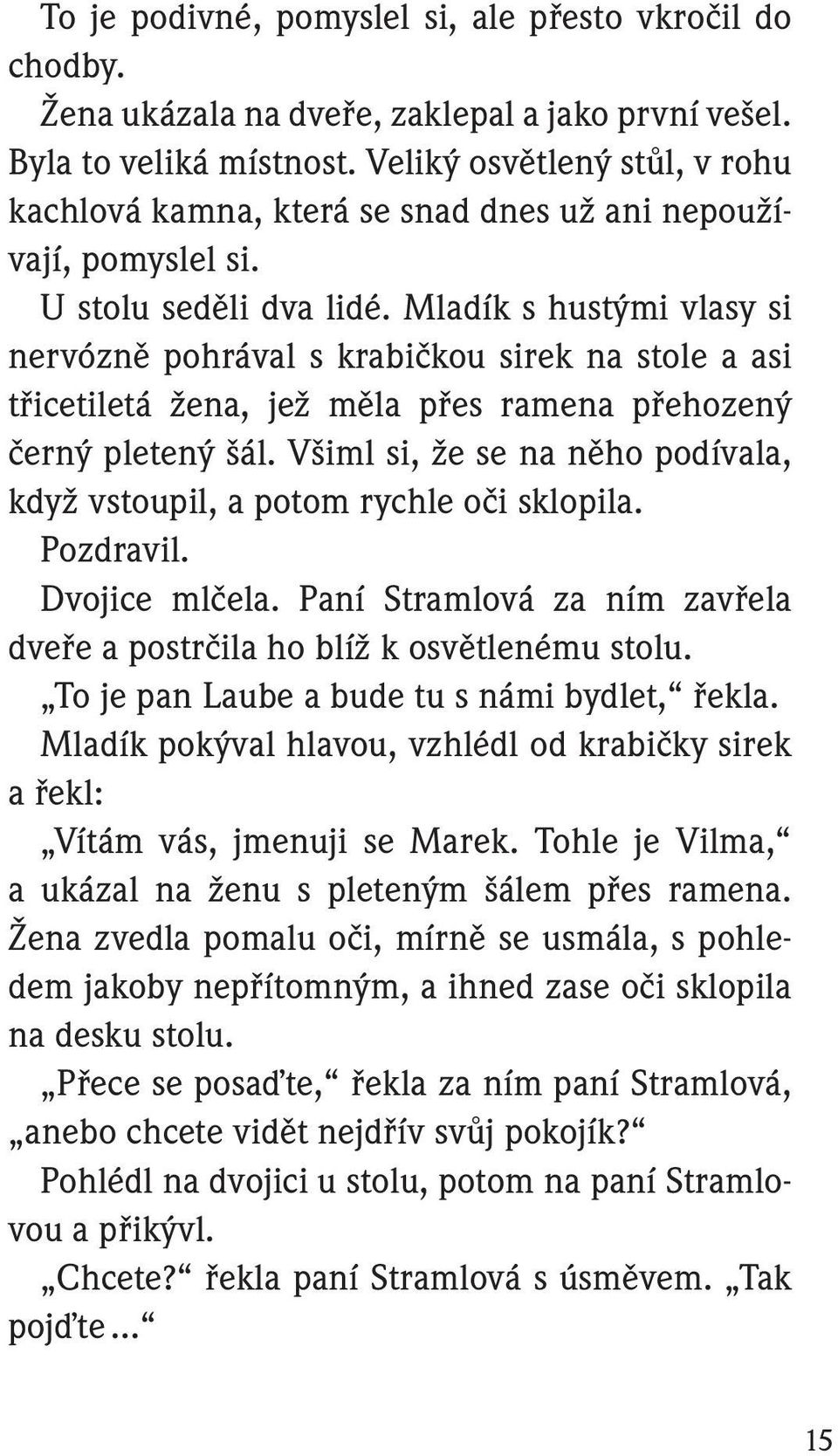 Mladík s hustými vlasy si nervózně pohrával s krabičkou sirek na stole a asi třicetiletá žena, jež měla přes ramena přehozený černý pletený šál.