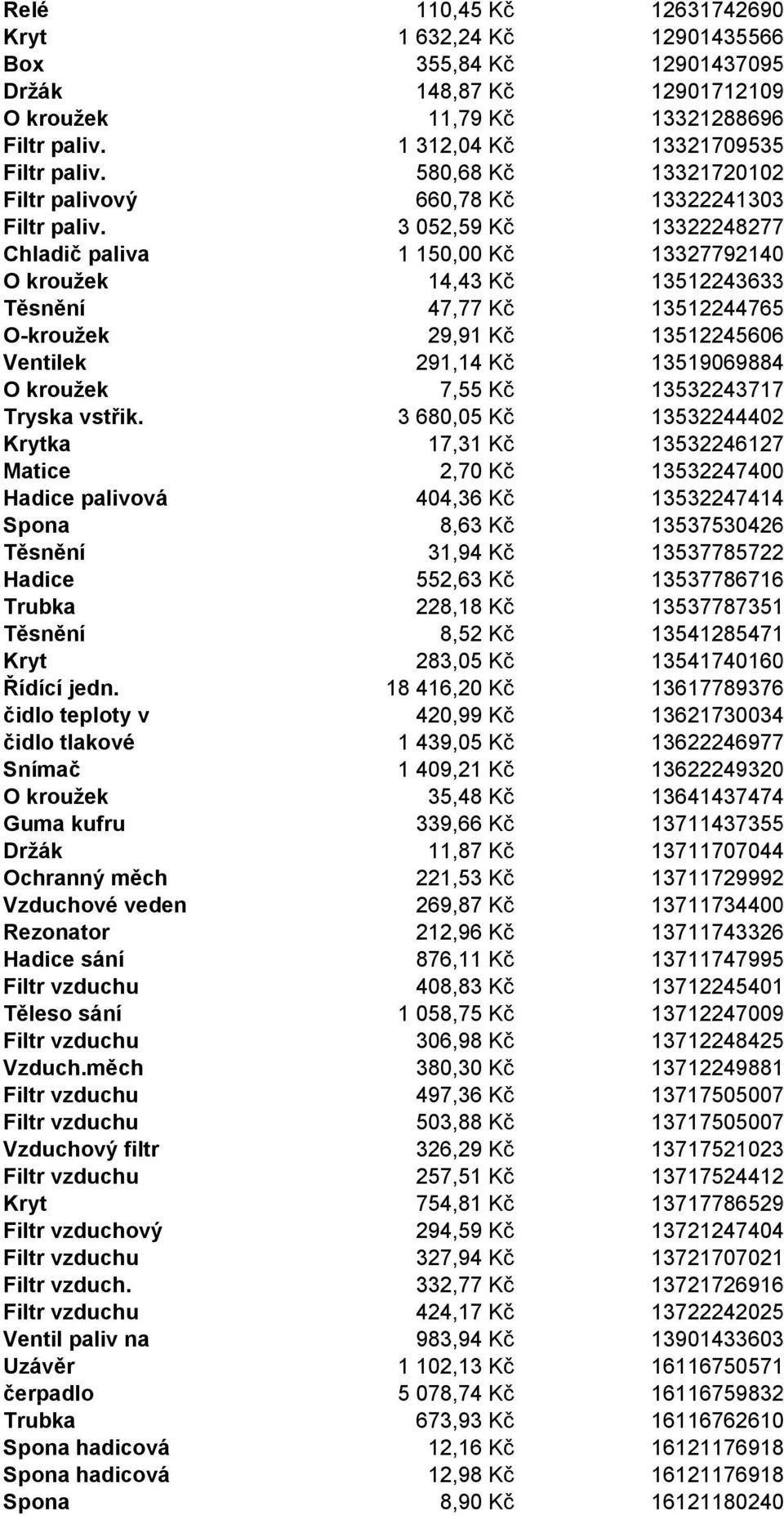 3 052,59 Kč 13322248277 Chladič paliva 1 150,00 Kč 13327792140 O kroužek 14,43 Kč 13512243633 Těsnění 47,77 Kč 13512244765 O-kroužek 29,91 Kč 13512245606 Ventilek 291,14 Kč 13519069884 O kroužek 7,55