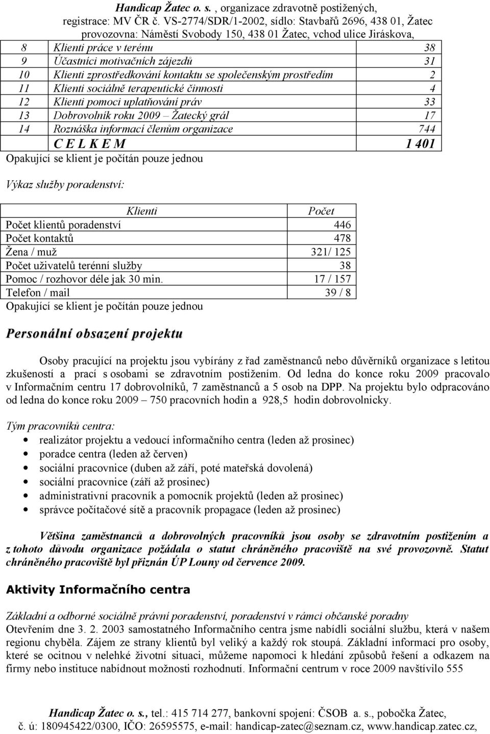 Klienti Počet Počet klientů poradenství 446 Počet kontaktů 478 Žena / muž 321/ 125 Počet uživatelů terénní služby 38 Pomoc / rozhovor déle jak 30 min.