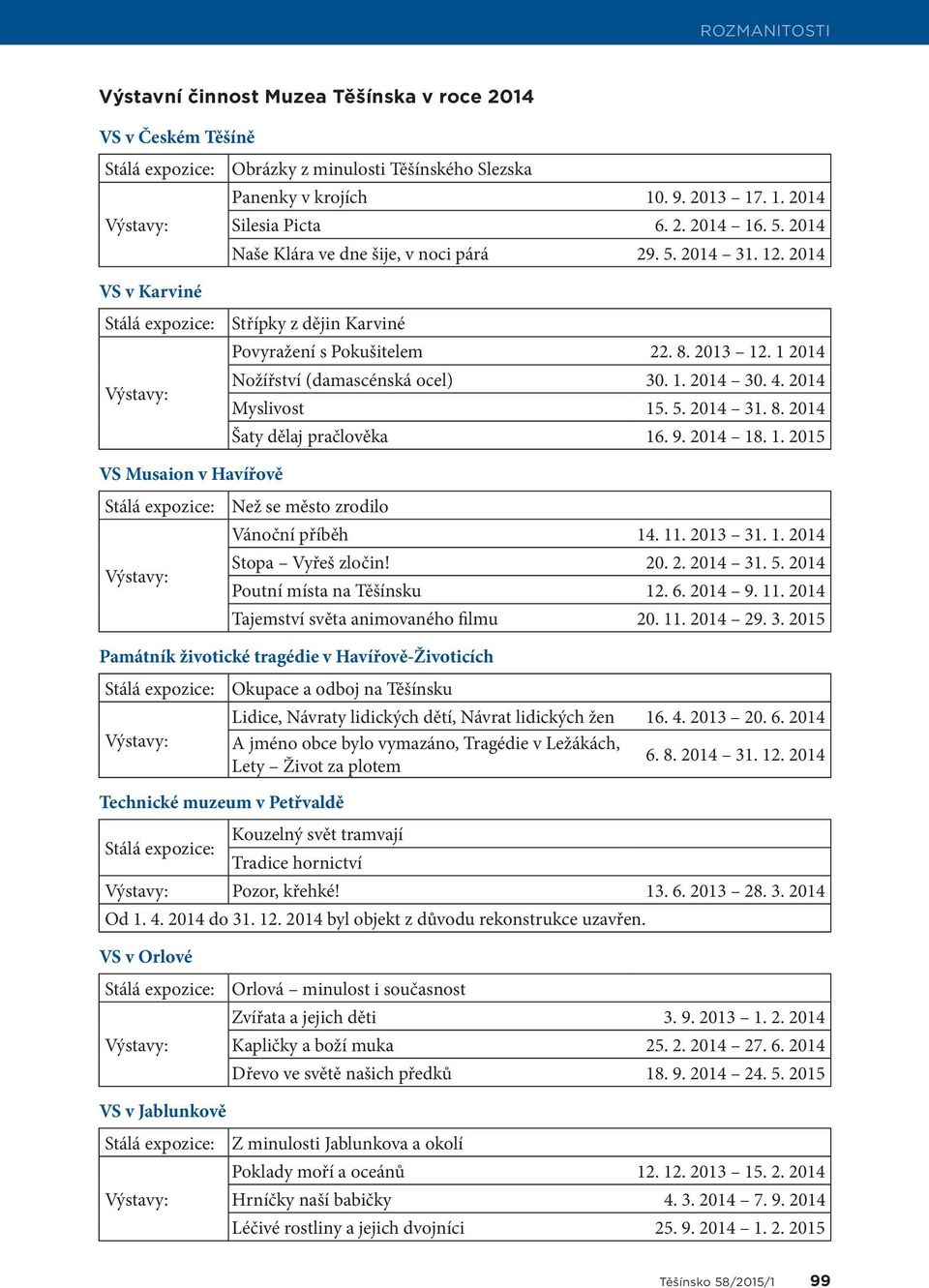 1 2014 Nožířství (damascénská ocel) 30. 1. 2014 30. 4. 2014 Myslivost 15. 5. 2014 31. 8. 2014 Šaty dělaj pračlověka 16. 9. 2014 18. 1. 2015 VS Musaion v Havířově Stálá expozice: Výstavy: Než se město zrodilo Vánoční příběh 14.