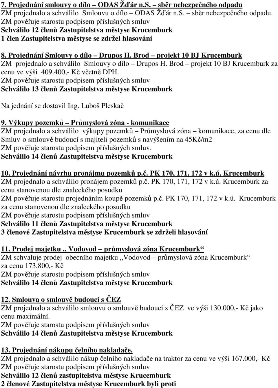 Schválilo 13 členů Zastupitelstva městyse Krucemburk Na jednání se dostavil Ing. Luboš Pleskač 9.