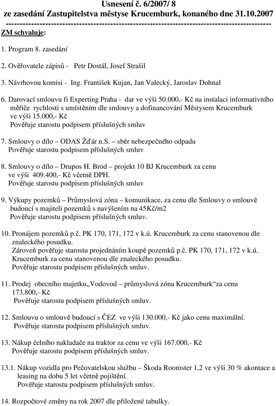 Návrhovou komisi - Ing. František Kujan, Jan Valecký, Jaroslav Dohnal 6. Darovací smlouvu fi Experting Praha - dar ve výši 50.