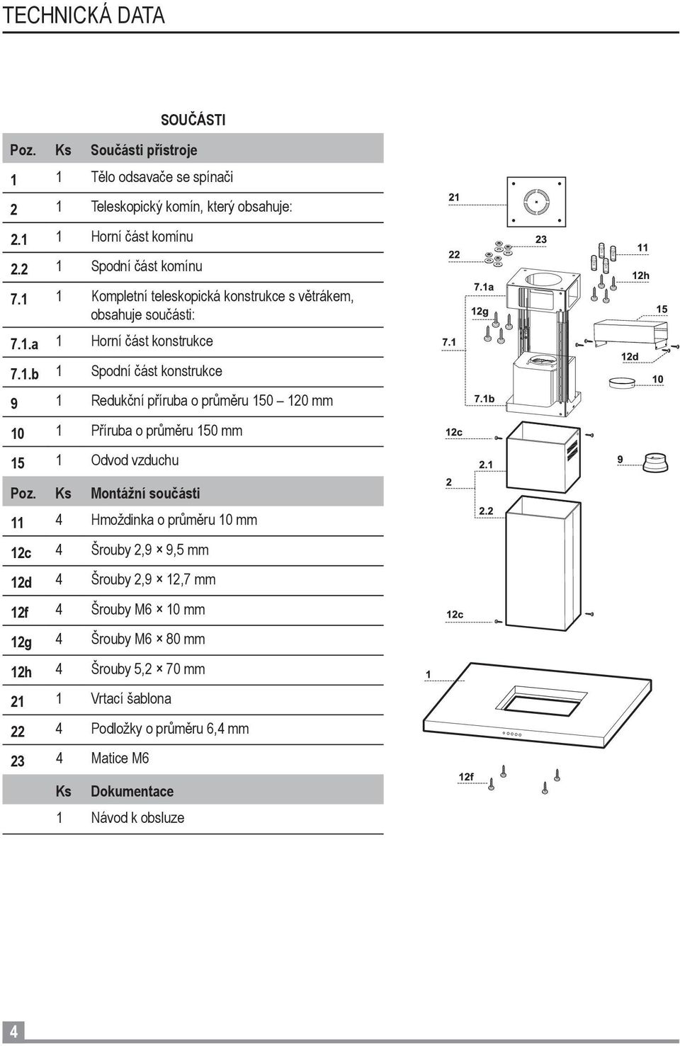 Ks Montážní součásti 11 4 Hmoždinka o průměru 10 mm 12c 4 Šrouby 2,9 9,5 mm 12d 4 Šrouby 2,9 12,7 mm 12f 4 Šrouby M6 10 mm 12g 4 Šrouby M6 80 mm 12h 4 Šrouby 5,2 70