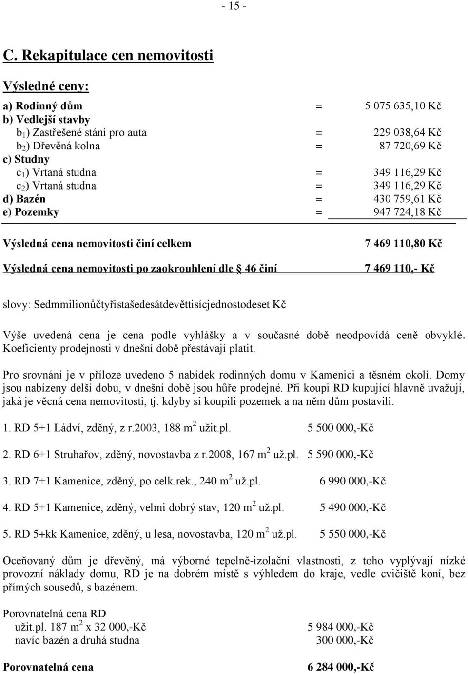 Vrtaná studna = 349 116,29 Kč c 2 ) Vrtaná studna = 349 116,29 Kč d) Bazén = 430 759,61 Kč e) Pozemky = 947 724,18 Kč Výsledná cena nemovitosti činí celkem Výsledná cena nemovitosti po zaokrouhlení