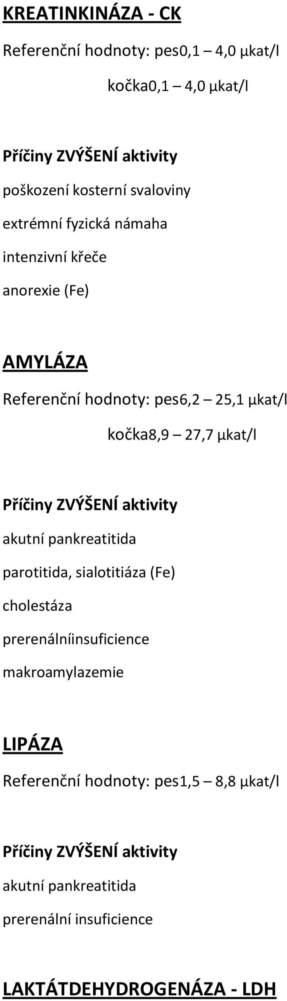 μkat/l Příčiny ZVÝŠENÍ aktivity akutní pankreatitida parotitida, sialotitiáza (Fe) cholestáza prerenálníinsuficience