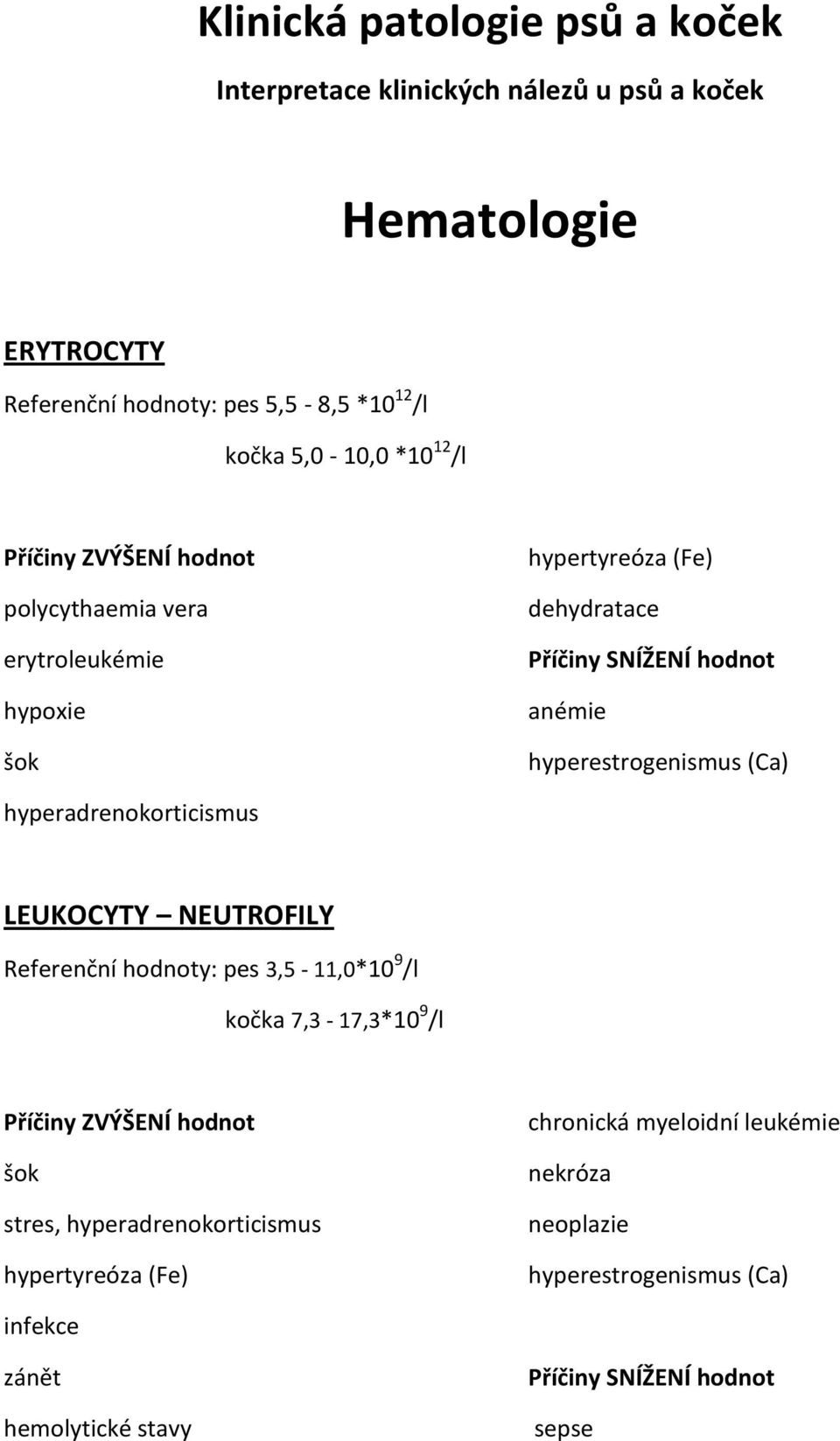 (Ca) hyperadrenokorticismus LEUKOCYTY NEUTROFILY Referenční hodnoty: pes 3,5-11,0*10 9 /l kočka 7,3-17,3*10 9 /l šok stres, hyperadrenokorticismus