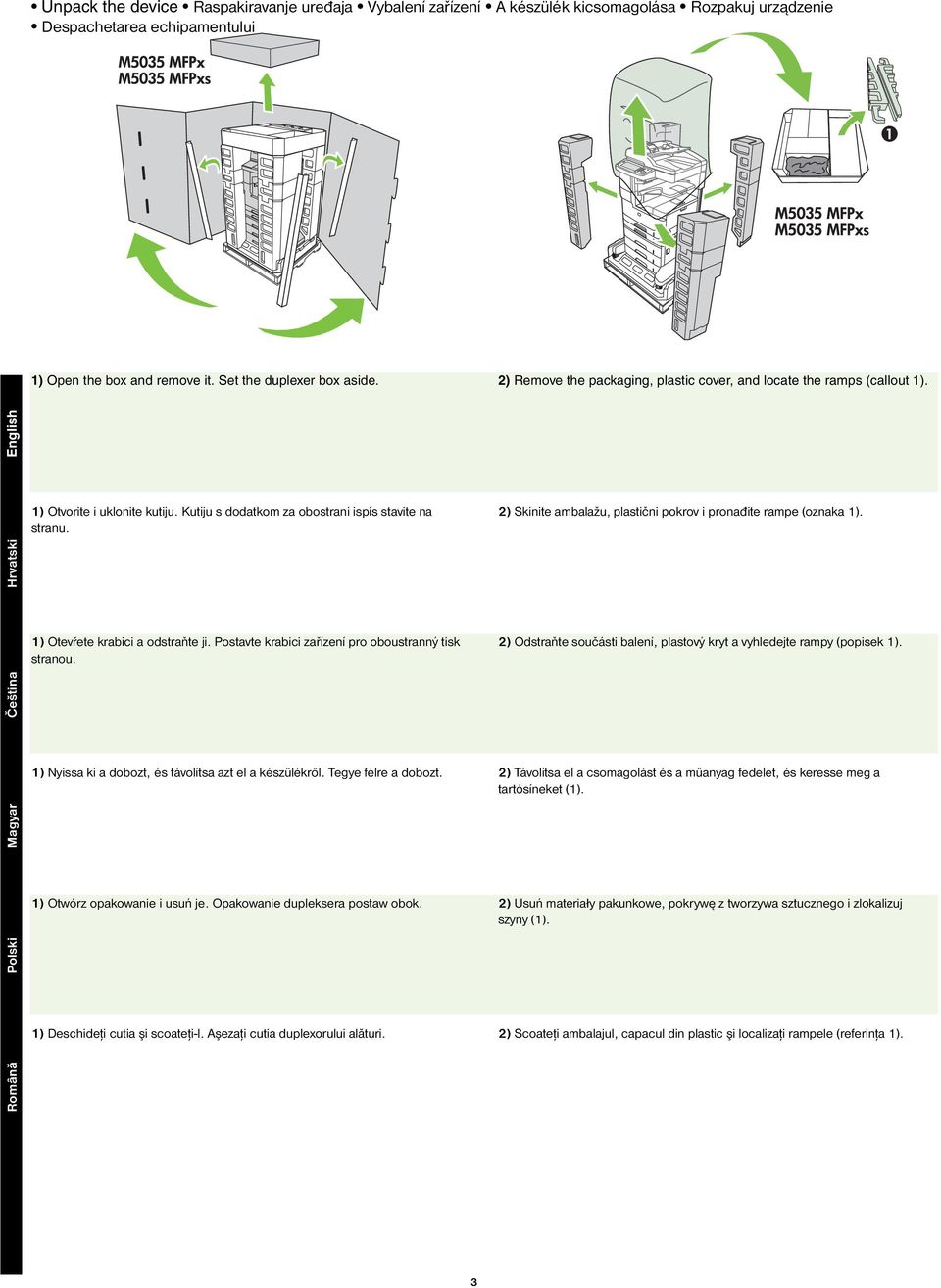 2) Skinite ambalažu, plastični pokrov i pronađite rampe (oznaka 1). Hrvatski 1) Otevřete krabici a odstraňte ji. Postavte krabici zařízení pro oboustranný tisk stranou.