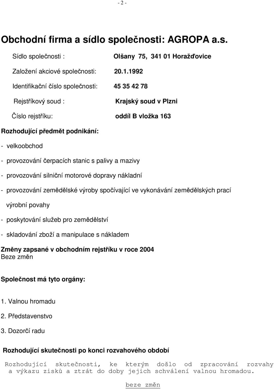 velkoobchod - provozování erpacích stanic s palivy a mazivy - provozování silniní motorové dopravy nákladní - provozování zemdlské výroby spoívající ve vykonávání zemdlských prací výrobní povahy -