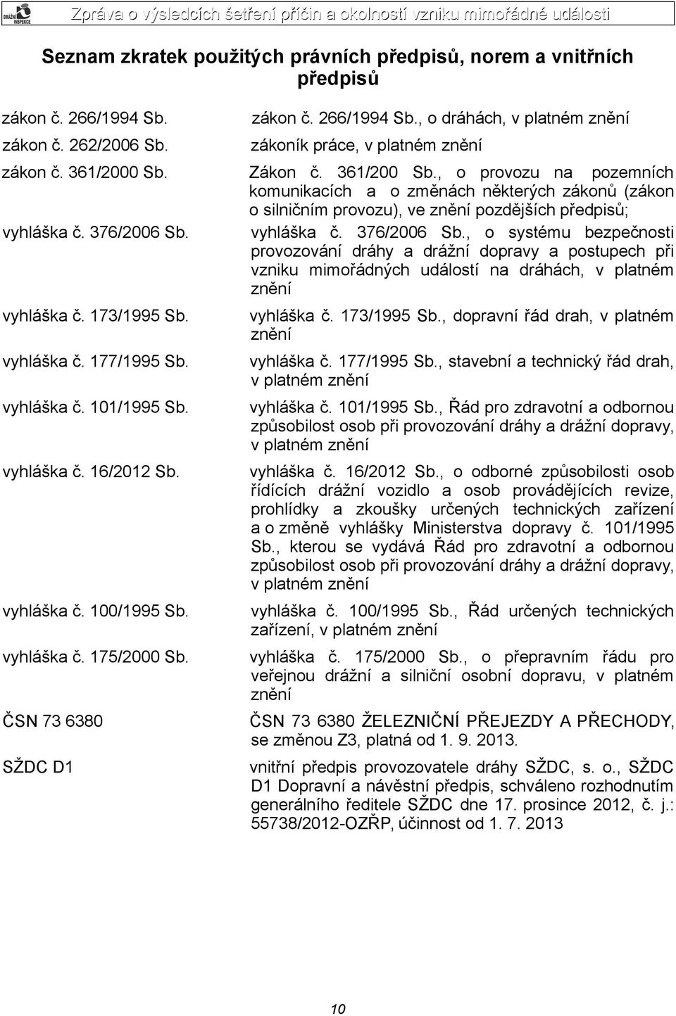 vyhláška č. 376/2006 Sb., o systému bezpečnosti provozování dráhy a drážní dopravy a postupech při vzniku mimořádných událostí na dráhách, v platném znění vyhláška č. 173/1995 Sb. vyhláška č. 177/1995 Sb.